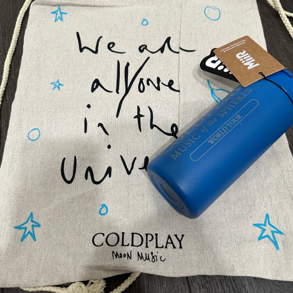Coldplay Drawstring Bag and Blue Tumbler Set, NWT, tour merch